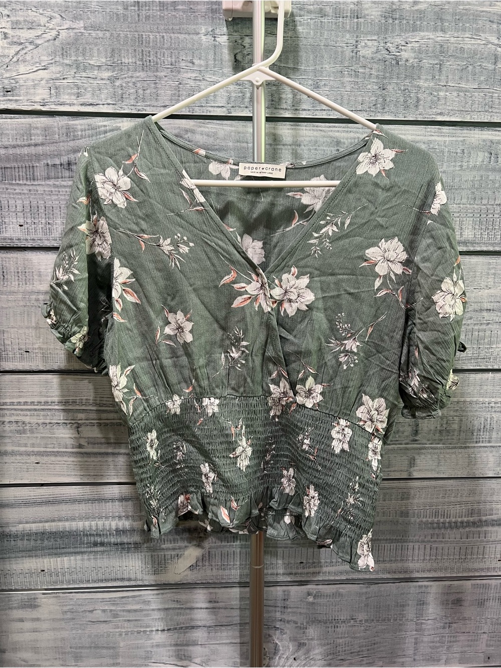 Paper Crane Sage Green Floral V-Neck Smocked Crop Top